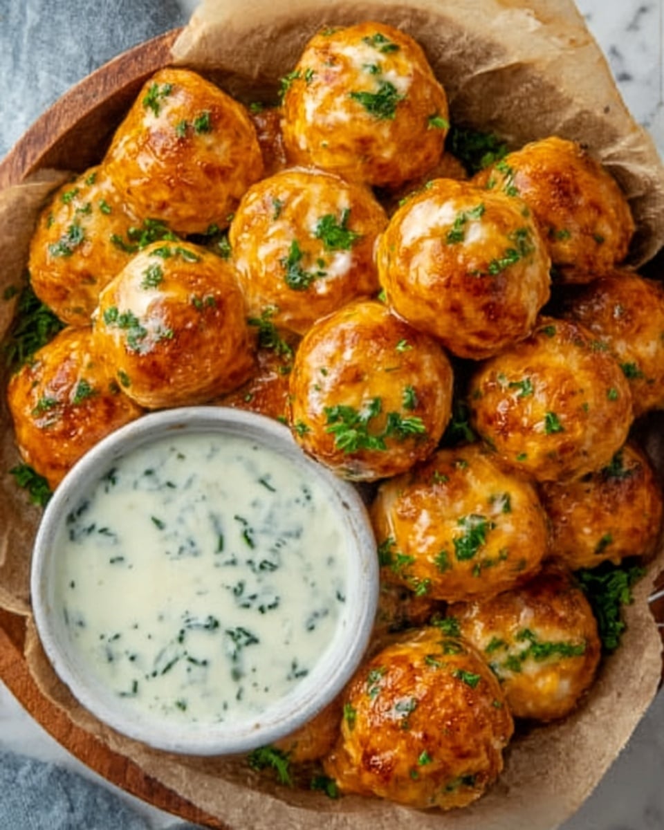 The image shows a pile of round, golden-orange baked cheese balls with a shiny, slightly crispy crust, topped with small bits of green herbs. They are placed closely together on brown parchment paper inside a white bowl, creating a warm and inviting look. Next to them, there is a smaller white bowl filled with a creamy white sauce that has green herb pieces mixed in. A woman's hand is reaching from the left side towards the food, contrasting softly with the white marbled background beneath the bowls. Photo taken with an iphone --ar 4:5 --v 7
