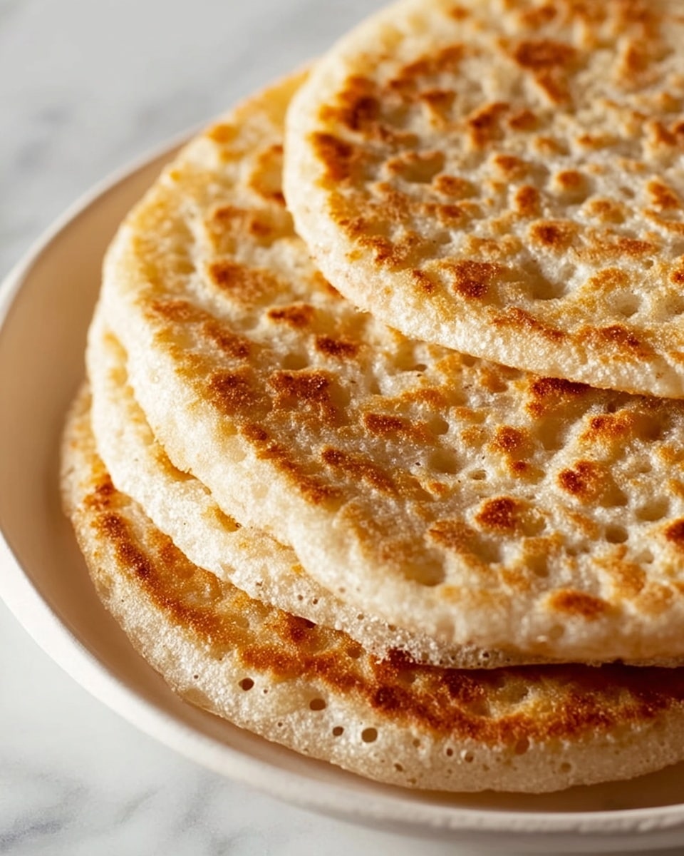A close-up view of a stack of three thin pancakes with a light tan color and darker brown spots across their textured surface. The edges are slightly uneven, showing the airy, porous nature of the pancakes. They are stacked on a white plate placed on a white marbled surface, with the top pancake in sharp focus while the lower ones gradually blur. photo taken with an iphone --ar 4:5 --v 7