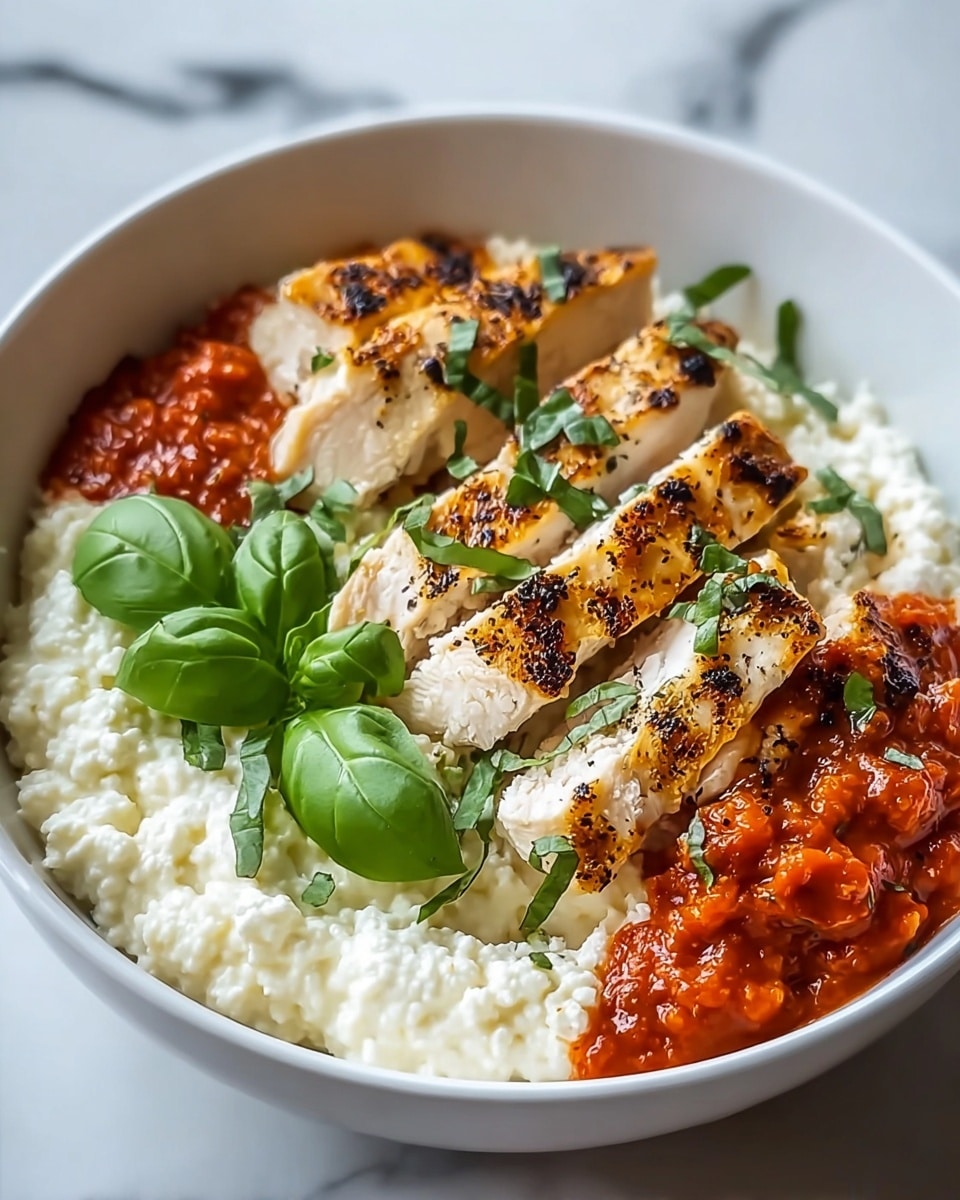 A white bowl contains a dish with three main layers. The bottom layer is creamy white cottage cheese with a slightly grainy texture. On top of that, to one side, is a rich, bright red tomato sauce with a smooth consistency. The main layer in the center is made of sliced grilled chicken, cooked to a golden brown with light charring and sprinkled with green herbs. Fresh green basil leaves are placed around the chicken and tomato sauce, adding fresh color. The bowl sits on a white marbled textured surface. Photo taken with an iphone --ar 4:5 --v 7