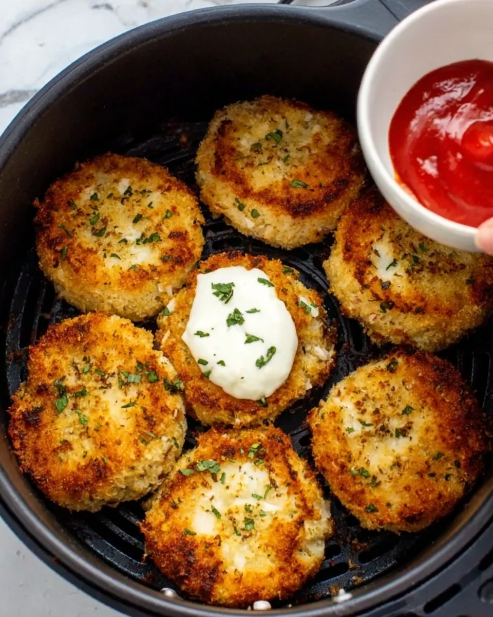 The image shows a round white plate on a white marbled surface holding seven golden-brown, crispy, breaded patties arranged in a loose circle. In the middle of the circle, there is a dollop of thick white sauce. On the side of the plate, there is a small white bowl filled with bright red ketchup. The patties have a rough, crunchy texture with some green herbs visible in the coating. A woman's hand is lifting one patty slightly, revealing a creamy inside. The lighting is soft, highlighting the warm colors and crunchy texture of the patties. photo taken with an iphone --ar 4:5 --v 7