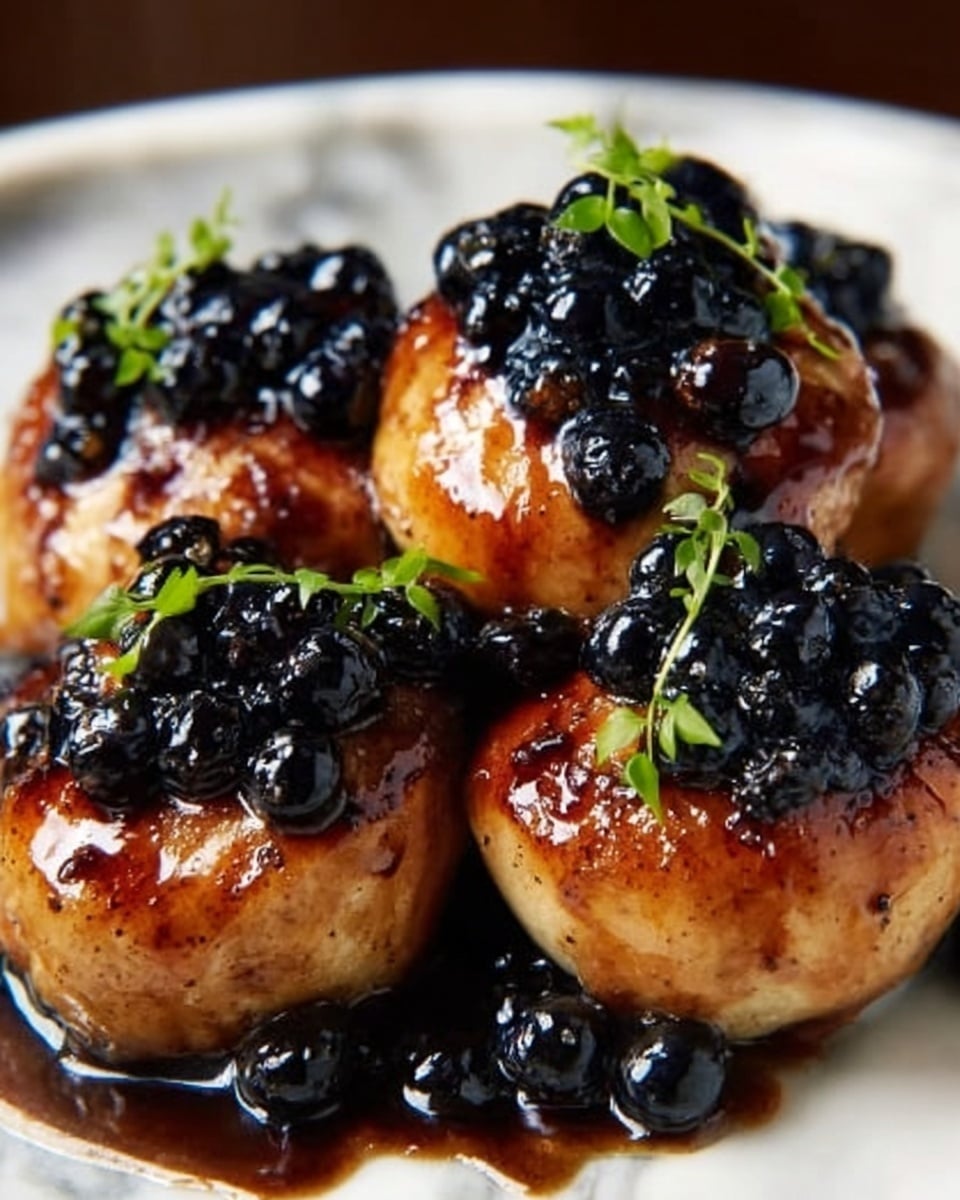 The image shows a close-up of four round, golden-brown glazed pastries or buns arranged closely together. Each pastry is topped with glossy, dark blue berries that look juicy and fresh. There is a shiny caramel-like sauce drizzled all over, pooling slightly around the base of the pastries. Small green leaves are placed on top, adding a touch of color contrast to the warm tones of the glaze and the dark berries. The background features a white marbled surface. Photo taken with an iphone --ar 4:5 --v 7