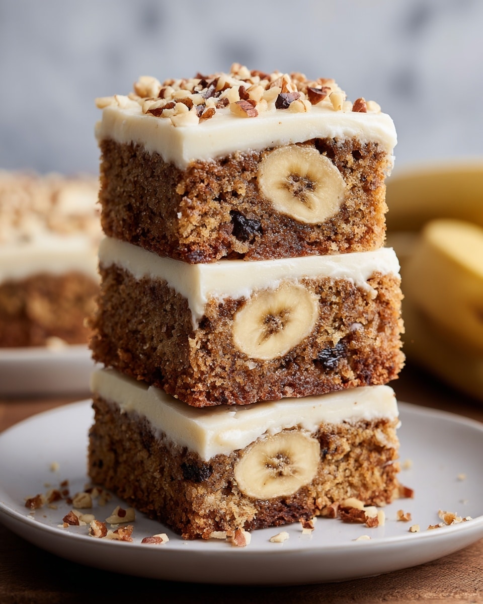 Three square slices of banana cake are stacked vertically on a white plate, each slice showing two layers: a bottom brown moist cake layer with a visible banana piece embedded in the center and small dark specks, and a top creamy white frosting layer sprinkled with small chopped nuts. The cake looks soft and crumbly with a slightly rough texture, while the frosting is smooth and thick. The stacked slices create a neat tower, with crumbs and nut pieces scattered around on the plate. The background is a soft white marbled texture. photo taken with an iphone --ar 4:5 --v 7