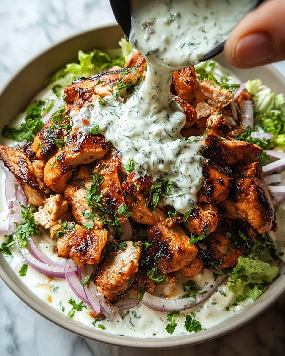 The dish is served in a white bowl, held by a woman's hand, placed on a white marbled texture background. It has a base layer of flatbread with a creamy white sauce spread over it. On top of this, there are thin slices of grilled meat with a golden brown and slightly charred texture, arranged in a heap. The meat is sprinkled with finely chopped fresh green herbs and small pieces of sliced red onions. A thick white sauce with green herb flecks is being poured over the meat, creating a rich, creamy look with contrasting colors. The overall presentation is vibrant with warm and fresh tones, showing a mix of textures from soft bread to crispy grilled meat. Photo taken with an iphone --ar 4:5 --v 7