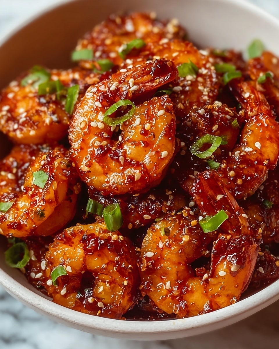 A close-up view of a white bowl filled with cooked shrimp coated in a shiny reddish-orange sauce, showing a glossy texture. The shrimp are piled high, each piece curled and sprinkled with white sesame seeds and chopped green onions, adding pops of green color. The sauce looks thick and sticky, covering every shrimp evenly with small bits of seasoning visible, giving it a rich, flavorful look. photo taken with an iphone --ar 4:5 --v 7
