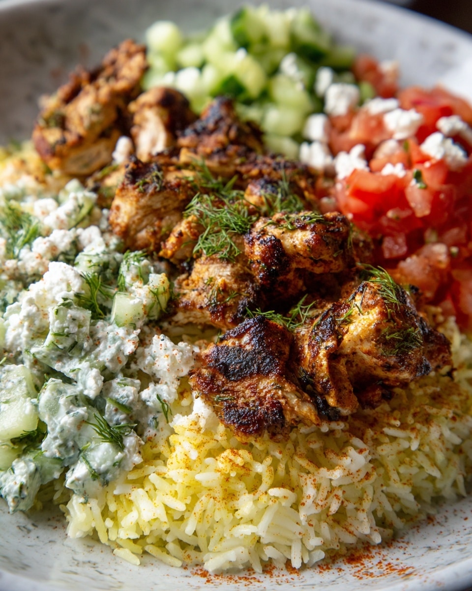 The image shows a close-up of a white bowl filled with a layered dish. The bottom layer is light brown rice with a grainy texture. On top of the rice, there are pieces of grilled chicken, browned and slightly charred, adding a crispy texture. Next to the chicken, there is a creamy green sauce with chunks of green vegetables and some white crumbled cheese. To the side, there is a portion of chunky red tomato salsa with visible seeds. The bowl is placed on a white marbled surface. Photo taken with an iphone --ar 4:5 --v 7