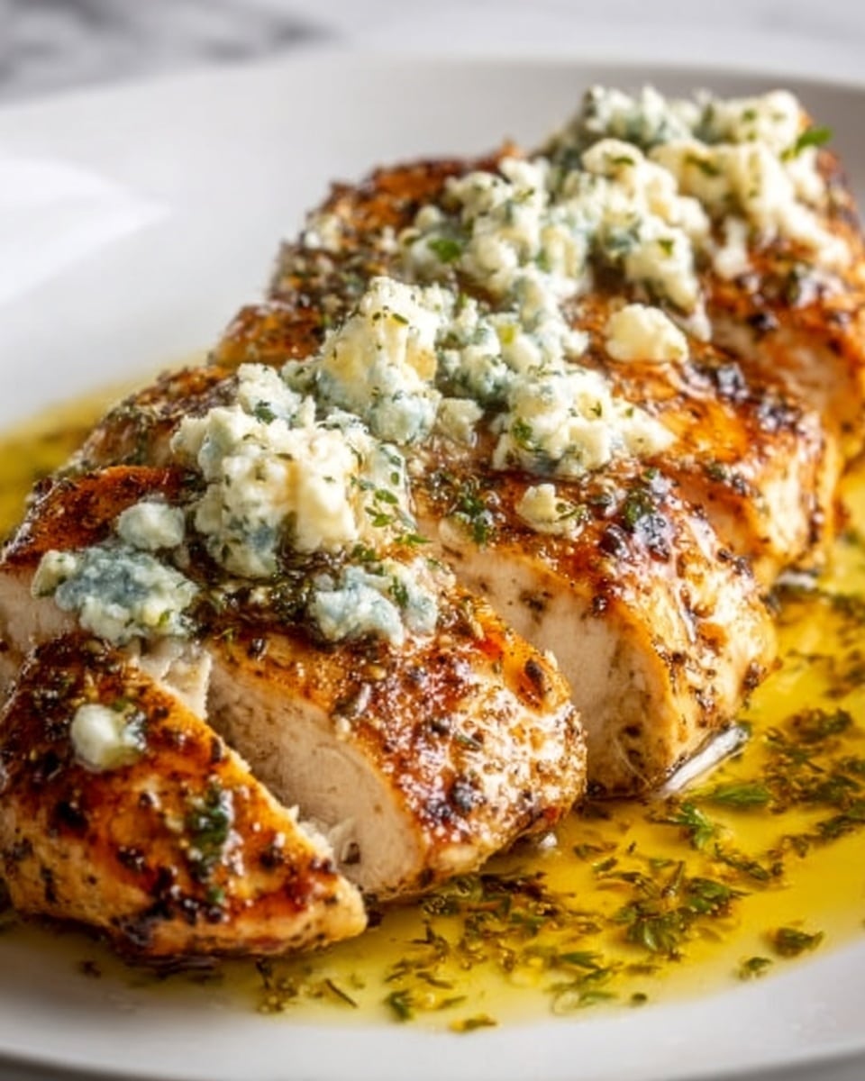 This image shows a close-up of a cooked chicken breast cut into thick slices, arranged side by side on a white plate. The chicken has a golden-brown, slightly charred surface with visible black pepper and seasoning. On top of the chicken, there is a layer of crumbled light blue cheese with a creamy texture, slightly melting and spreading over the meat. Around the chicken, there is a shiny greenish-yellow sauce with herbs and oil, pooling neatly on the plate. The scene is set on a white marbled textured surface, giving a clean and fresh look to the presentation. photo taken with an iphone --ar 4:5 --v 7