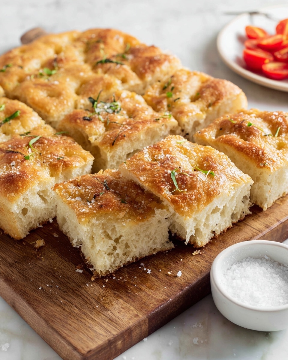 A wooden board holds a golden focaccia bread cut into nine large square pieces; the bread has a bubbly, airy texture with a slightly browned, crispy top sprinkled with coarse salt and a few tiny green herb leaves scattered on the surface. The background shows a white marbled texture, and near the bottom right corner, a white bowl with coarse salt is partially visible alongside a white bowl filled with halved red cherry tomatoes. photo taken with an iphone --ar 4:5 --v 7