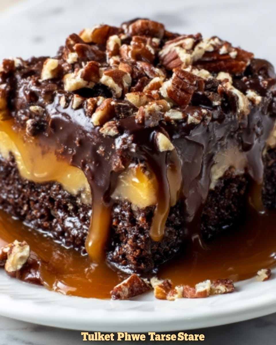 The image shows a close-up of a layered dessert bar with multiple textures and colors. The bottom layer is a crushed chocolate cookie crust, dark brown and crumbly. Above that is a thick caramel layer, smooth and light brown, dripping slightly down the sides. The top layer is glossy, dark chocolate that covers the caramel and crust evenly. On top of the chocolate, there are pieces of chopped nuts, golden brown with a rough texture, scattered across the surface. The caramel drips over the edge of the chocolate layer, making the dessert look rich and sticky. Photo taken with an iphone --ar 4:5 --v 7