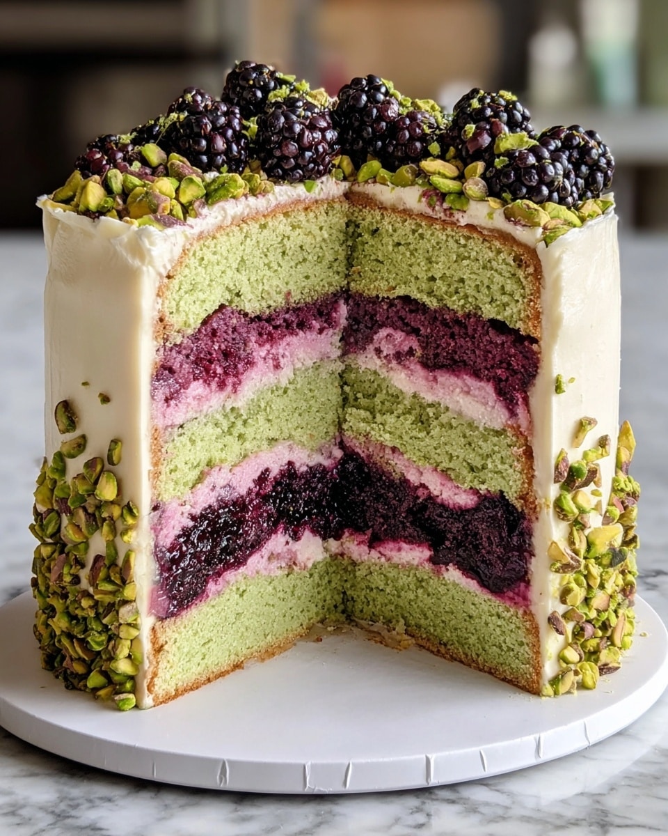 The image shows a tall, two-layer cake with bright green sponge layers on top and bottom, separated by a thick, dark purple berry filling mixed with creamy, light yellow frosting. The outside of the cake is coated smoothly with the same light yellow frosting. The top of the cake is decorated with whole blackberries and crushed pistachios evenly spread around the edge, adding dark purple and green colors with a mix of shiny and rough textures. The cake sits on a white plate with a thin design on its edge, placed on a white marbled surface. photo taken with an iphone --ar 4:5 --v 7