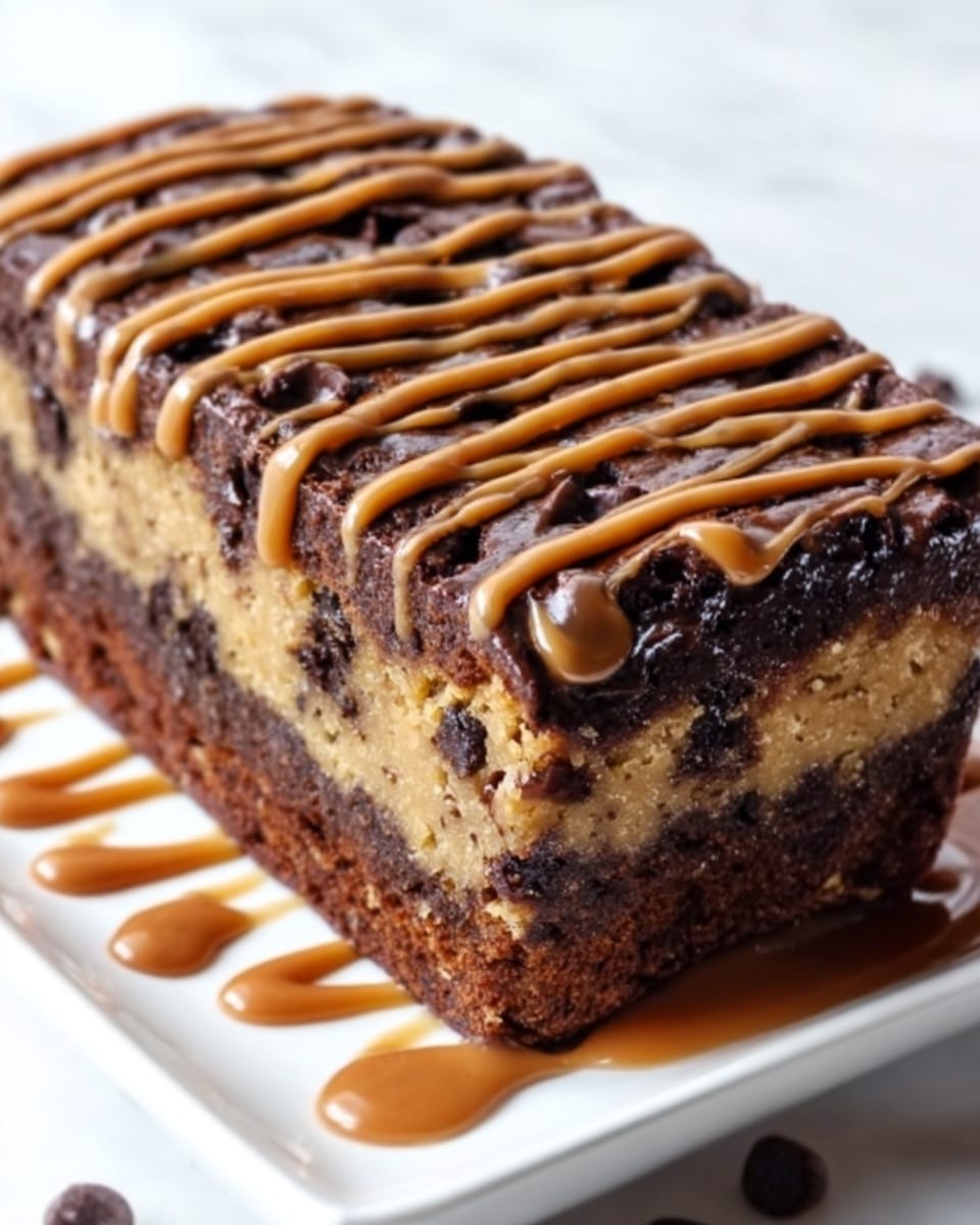 The image shows a rectangular loaf of chocolate chip banana bread with a dense and moist texture, filled evenly with dark chocolate chunks throughout. The top of the loaf has a golden-brown crust with drizzles of light brown peanut butter in thin, uneven lines running lengthwise. The loaf is placed on a white marbled surface with a slightly blurred background. photo taken with an iphone --ar 4:5 --v 7