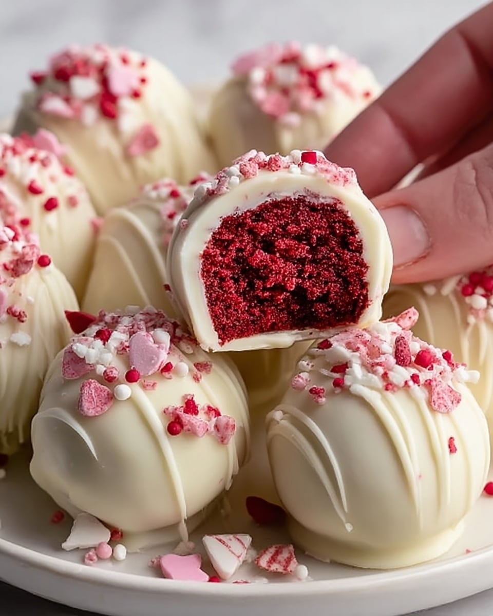The image shows a close-up of round dessert balls with three visible layers: the outer layer is smooth white chocolate with light drizzle lines and topped with small pink, red, and white sprinkles; the middle layer is a thin coating just inside the chocolate shell; the innermost layer is a rich, dark red cake with a moist texture. One ball near the front is cut in half to show the dark red center inside the white chocolate shell. A woman's hand is gently holding one of the dessert balls in the back. The treats are placed on a white plate with a white marbled surface in the background. Photo taken with an iphone --ar 4:5 --v 7