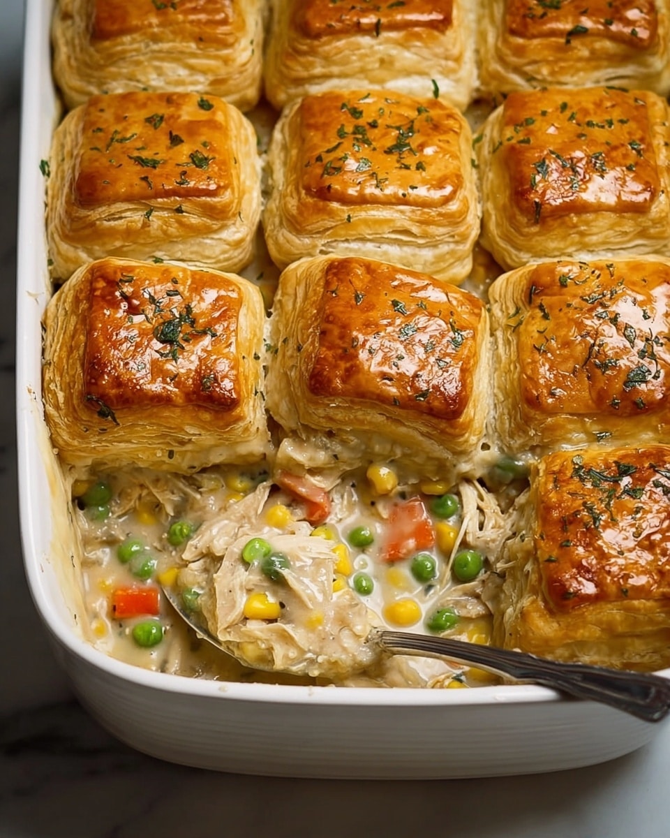 A white baking dish filled with a creamy chicken pot pie, showing a golden-brown puff pastry crust on top cut into square pieces with a shiny texture and sprinkled with small bits of green herbs. Underneath the crust is a thick creamy layer with shredded white chicken meat mixed with colorful vegetables like green peas, orange carrots, and yellow corn. The edges reveal the soft, flaky layers of the pastry, while some filling spills slightly over the side. The dish sits on a white marbled texture surface, with a spoon resting in the bottom left corner. Photo taken with an iphone --ar 4:5 --v 7