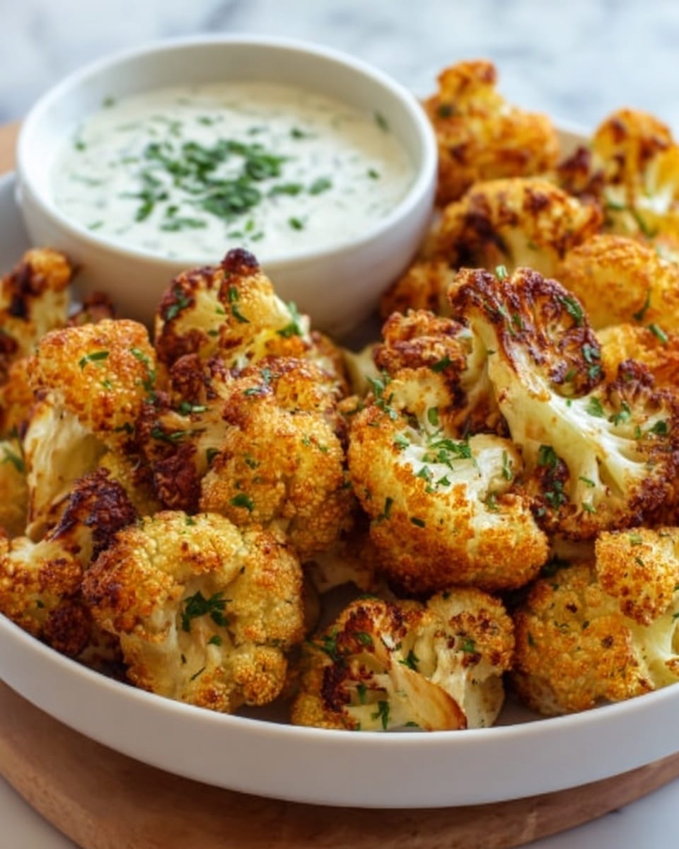 This image shows a bowl of crispy roasted cauliflower pieces with a brownish-orange color and slight charring on the edges. The cauliflower looks crunchy and is sprinkled with green herbs. Next to the bowl is a small white bowl filled with creamy white dipping sauce topped with chopped green herbs. The background is a white marbled surface. Photo taken with an iphone --ar 4:5 --v 7