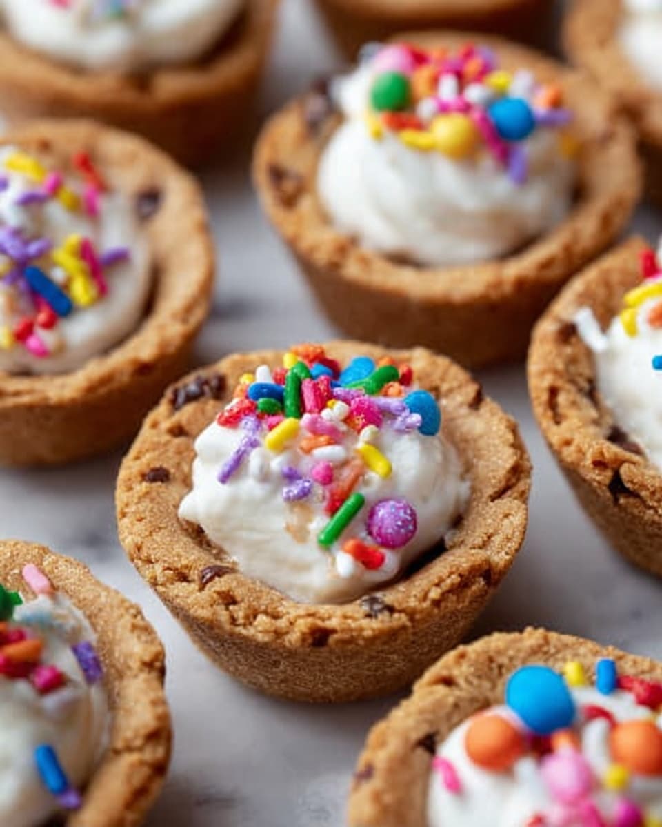 The image shows close-up of small cookie cups filled with cream. Each cookie cup has a light brown, round baked shell with a rough texture. Inside each cup is a smooth white cream dollop, topped with colorful round and rod-shaped sprinkles in red, blue, yellow, green, pink, and white. The cookie cups are placed on a white marbled surface. The focus is on the center cookie cup, with others slightly blurred in the background. Photo taken with an iphone --ar 4:5 --v 7