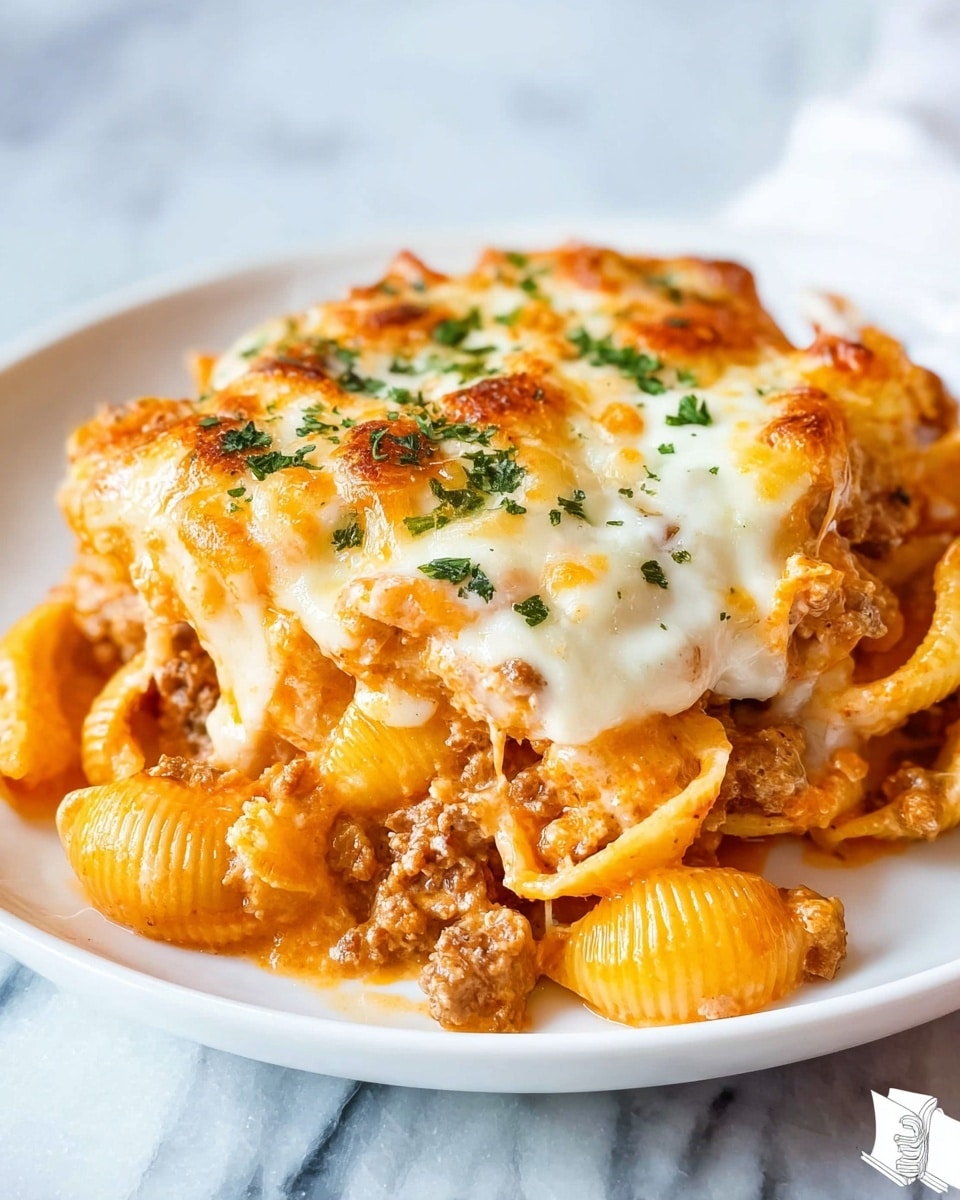 A close-up of a cheesy pasta bake on a white plate, with three thick layers visible: the bottom layer is spiral pasta coated in a creamy, orange-colored sauce with visible bits of ground meat; the middle layer is a mix of melted cheese, blending white and light orange colors, with some browned spots from baking; the top layer is a smooth melted white cheese topped with small green herb sprinkles. The dish looks rich and gooey, sitting on a white marbled surface with a silver fork beside the plate. photo taken with an iphone --ar 4:5 --v 7