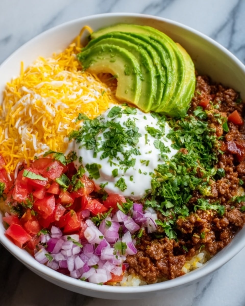 A white bowl sits on a white marbled surface, filled with a colorful layered dish. At the bottom is seasoned ground meat with a slightly crumbly texture and dark brown color. On one side, there is a bright red chopped tomato mixture mixed with finely chopped purple onions. Next to it, fresh green cilantro leaves add contrast. In the center, a dollop of thick white sour cream topped with a perfectly cooked sunny-side-up egg with a bright yellow yolk and slightly cooked white edges. Thinly sliced avocado, light green with a smooth texture, is arranged fan-like on one side. Shredded yellow cheddar cheese is sprinkled over part of the meat, adding a soft texture and warmth. Photo taken with an iphone --ar 4:5 --v 7