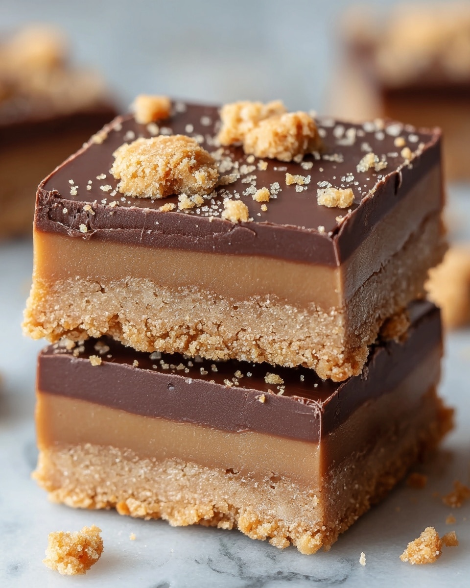 The image shows two stacked square dessert bars on a white marbled surface, each bar consisting of two layers: a crumbly light brown base layer and a smooth, thick milk chocolate layer on top. The top chocolate layer is decorated with broken pieces of light tan cookie crumbs scattered on it and around the bars. The edges of the bars are clean and sharp, highlighting the contrast between the crumbly base and the glossy chocolate layer. photo taken with an iphone --ar 4:5 --v 7
