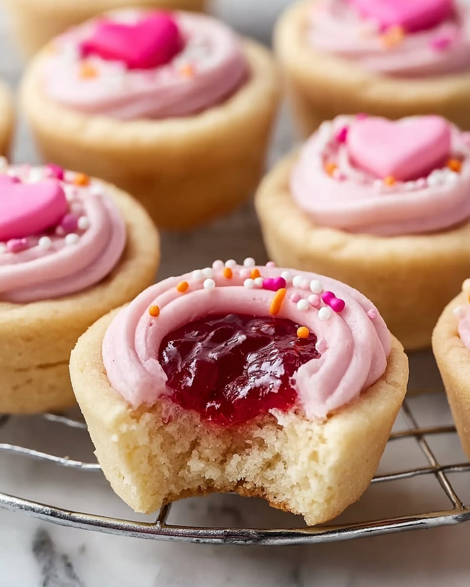 The image shows several small cookie cups with a thick, light beige cookie base as the first layer. On top, there is a smooth, light pink frosting layer that swirls gently shaped like a small well in the center. Inside the frosting well, there is a glossy, deep red jam filling that looks soft and slightly sticky. The frosting is decorated with tiny round sprinkles in white, pink, and orange colors scattered over the surface. Some cookie cups in the background have small pink heart-shaped decorations on the frosting. The cookies are placed on a white marbled surface with part of a cooling rack underneath, and one cookie has a bite taken out showing all layers clearly. Photo taken with an iphone --ar 4:5 --v 7