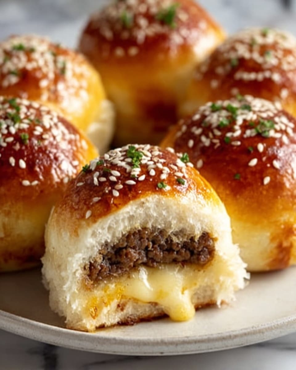 A close-up of five shiny golden brown dinner rolls on a white plate sitting on a white marbled surface, each roll topped with white sesame seeds and small green herb pieces. The nearest roll is cut open, showing two layers inside: a dark brown cooked ground meat layer in the middle and creamy yellow cheese that is melting and oozing out towards the bottom. The bread looks soft and fluffy with a slightly glossy finish on top. photo taken with an iphone --ar 4:5 --v 7
