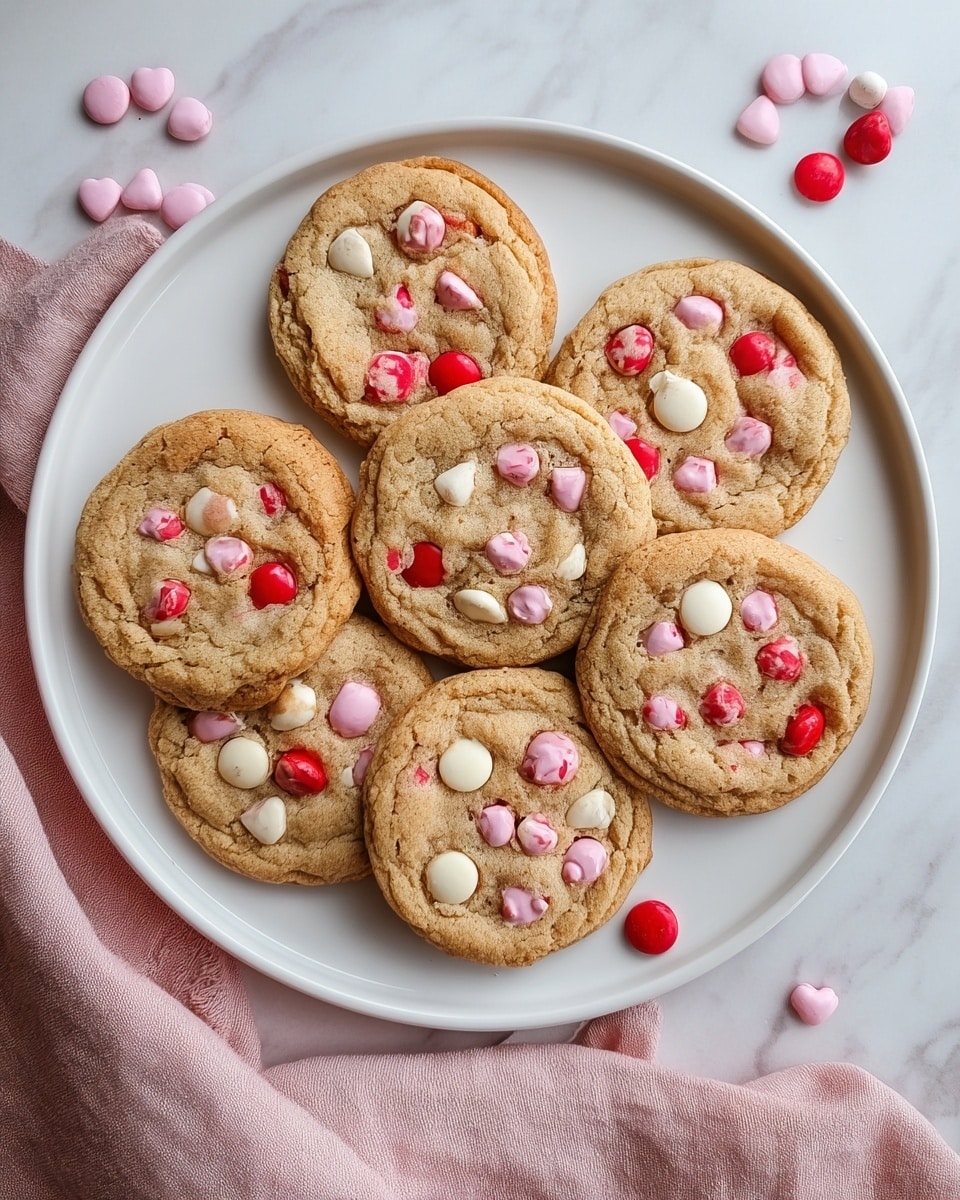 A white plate with a thin brown rim holds seven round cookies arranged in a loose stack, with some overlapping. Each cookie is golden brown with a cracked surface, studded with red, pink, and white candy-coated chocolate pieces evenly spread over the top. Additional candies are scattered around the plate on a white marbled surface. The plate sits on a soft pink cloth that is partly visible on the left side. The cookies look soft and freshly baked, with the candies adding bright pops of color. Photo taken with an iphone --ar 4:5 --v 7