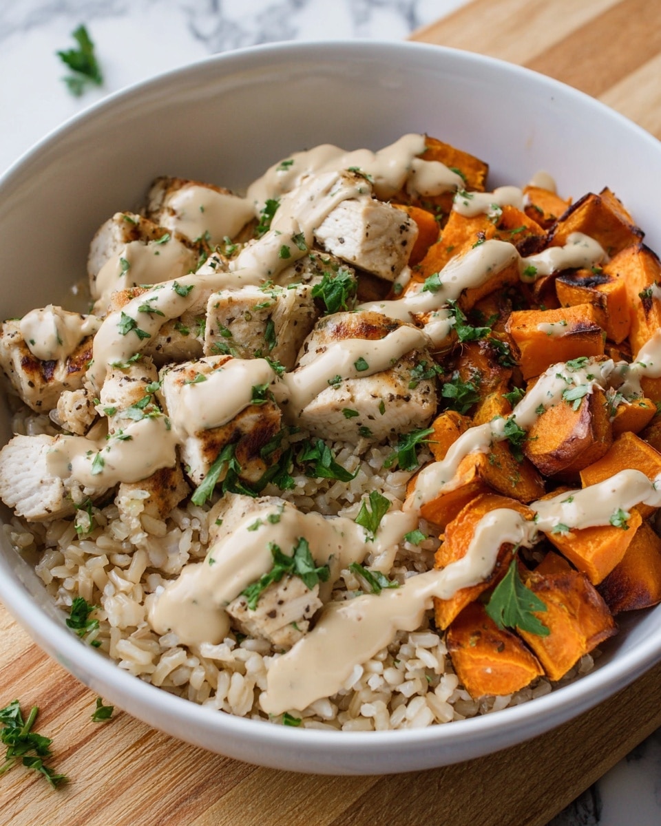 The dish is served in a white bowl filled with a base layer of light brown rice. On top of the rice, there are two main layers: one side has large chunks of roasted orange sweet potatoes with slightly charred skin, and the other side has pieces of grilled chicken breast, light beige with some browned edges and sprinkled herbs. A creamy beige sauce is drizzled in thick, wavy lines evenly across the entire bowl. Small green parsley leaves are scattered on top as garnish. The bowl is placed on a wooden board with a white marbled background. Photo taken with an iphone --ar 4:5 --v 7