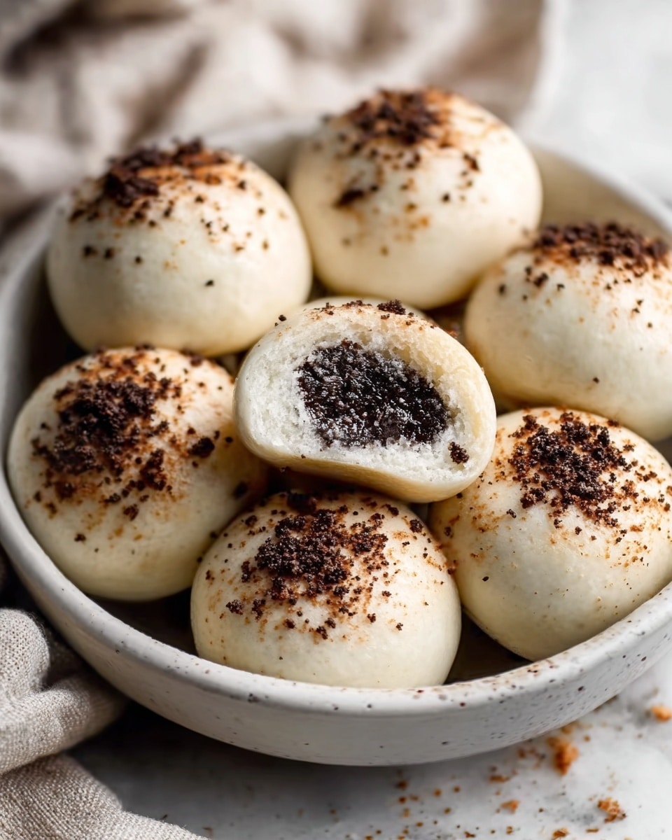 A close-up view of seven small round buns with a soft, white outer layer sprinkled with dark, crumbly bits on top, arranged in a white bowl. One bun is cut open, showing a dark, finely textured filling inside. The bowl rests on a white marbled surface, with a cozy and rustic feel emphasized by soft natural light. The buns have a smooth, glossy finish and the dark topping contrasts with the pale outer dough. Photo taken with an iphone --ar 4:5 --v 7