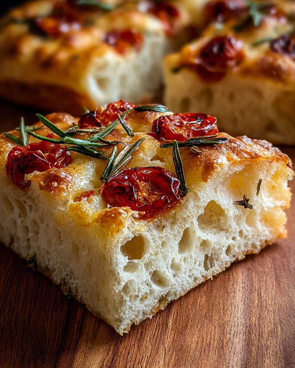 A close-up view of focaccia bread cut into square pieces showing two layers: a thick, soft, and airy white dough layer with many holes, and a top golden-brown baked layer with a slightly crispy texture. The top is decorated with bright red cherry tomato slices, small green rosemary sprigs, and a light shine of olive oil. The bread rests on a wooden board with a blurred white marbled background. photo taken with an iphone --ar 4:5 --v 7