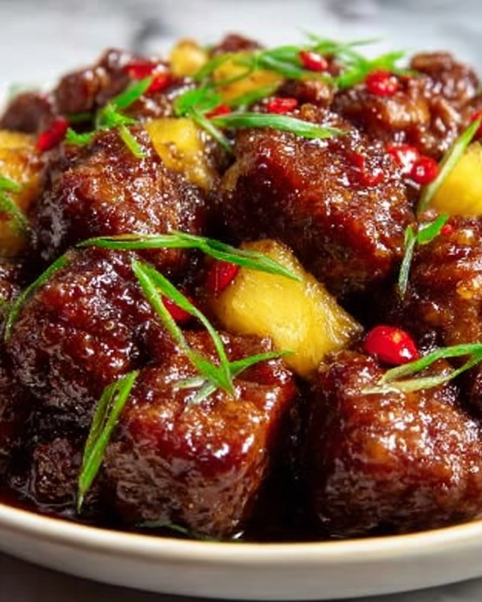 The image shows a close-up of a dish with glossy brown meatballs coated in a thick sauce that looks sticky and sweet. The meatballs are placed closely together, and small bright green onion slices are scattered on top, adding a fresh contrast. Yellow chunks, likely pineapple pieces, are mixed in between the meatballs, providing a pop of color and texture. The dish is in a white bowl sitting on a white marbled surface. Photo taken with an iphone --ar 4:5 --v 7