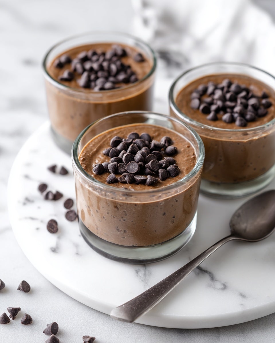 The image shows three small glass jars filled with smooth, creamy brown pudding. Each jar is topped with a generous layer of dark brown chocolate chips, scattered unevenly on the surface. The jars are placed on a white marbled surface with more chocolate chips scattered nearby. A shiny metal spoon rests beside one jar on the right side. The background is softly blurred, highlighting the pudding jars in the front. photo taken with an iphone --ar 4:5 --v 7
