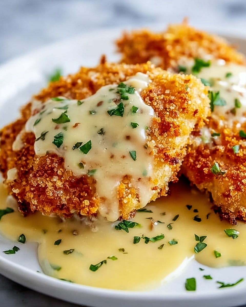 The image shows two pieces of breaded chicken cutlets on a white plate, with a white marbled surface beneath. Each cutlet has a golden-brown crispy outer layer covered by a thick light yellow creamy sauce. Small green herb bits are sprinkled on top, adding a touch of color contrast. The sauce pools slightly around the edges of the cutlets, making the dish look rich and creamy. photo taken with an iphone --ar 4:5 --v 7