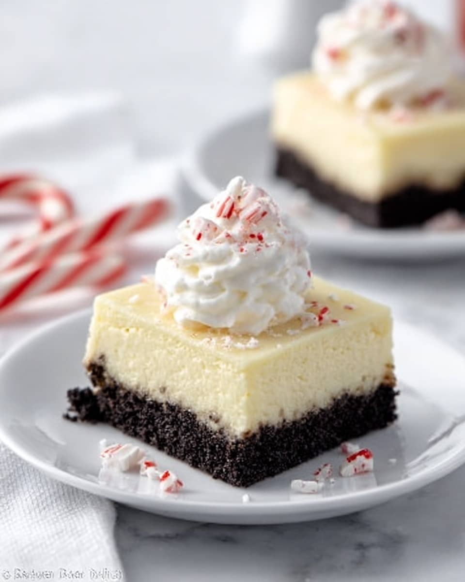 A close-up of a square dessert piece with two distinct layers on a white plate placed on a white marbled surface. The bottom layer is a dark, crumbly base resembling chocolate or Oreo crust, thick and textured. The top layer is a thick, smooth, creamy pale yellow cheesecake with a soft, velvety texture. On top of the cheesecake is a dollop of white whipped cream, soft and fluffy, sprinkled with small red and white candy cane shards. In the blurred background, there is a similar dessert piece on a white plate and two broken candy canes beside the plate. photo taken with an iphone --ar 4:5 --v 7