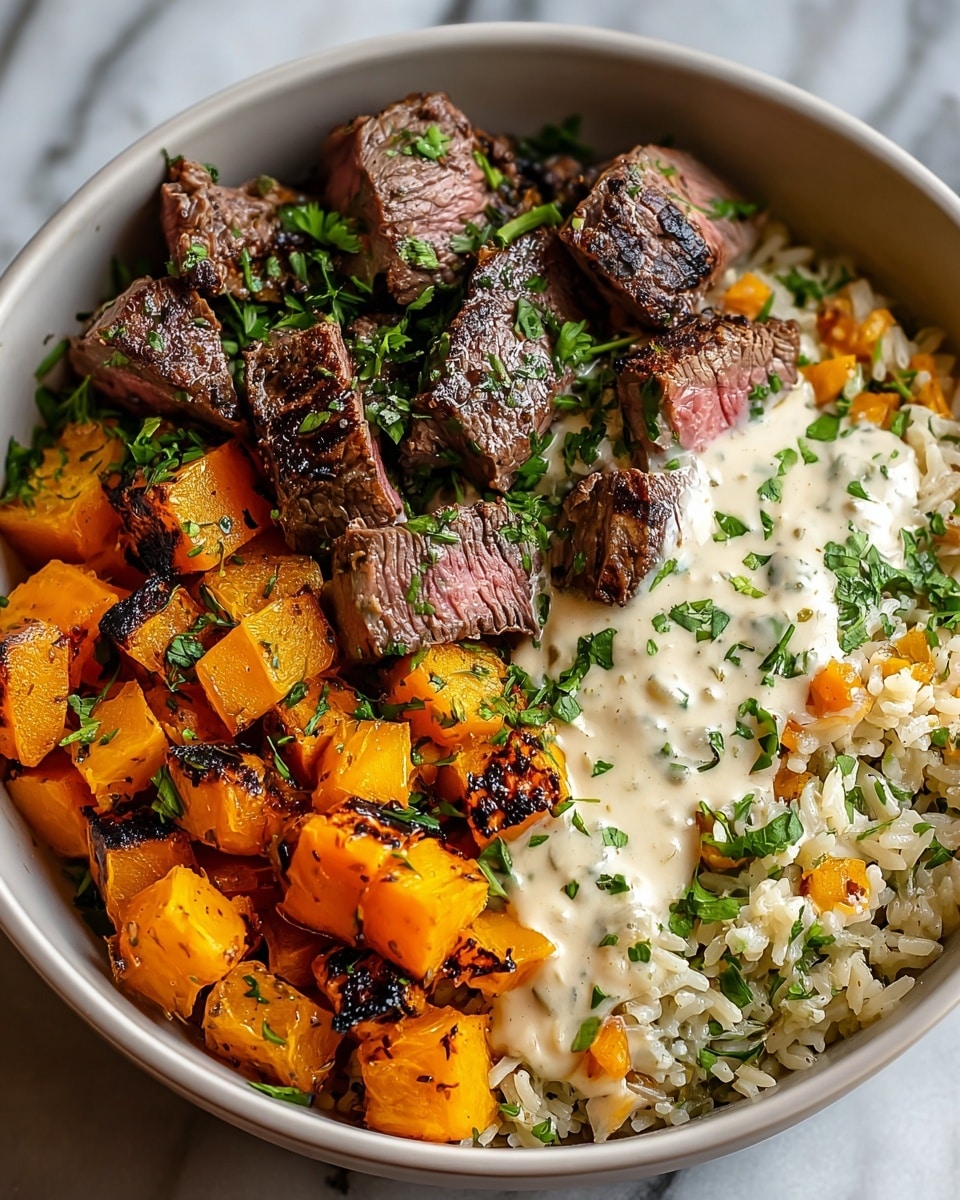 The dish is served in a white bowl filled with three main layers. On the left side, there are medium-sized pieces of grilled steak with a brown charred outside and pinkish inside, garnished with chopped green herbs. The top right layer contains bright orange grilled cubed butternut squash with black grill marks and scattered green herbs on top. The bottom right layer has a base of cooked rice mixed with small diced pieces of orange vegetable, topped with a creamy white sauce drizzled lightly and sprinkled with fresh green herbs. The bowl is placed on a white marbled surface. photo taken with an iphone --ar 4:5 --v 7