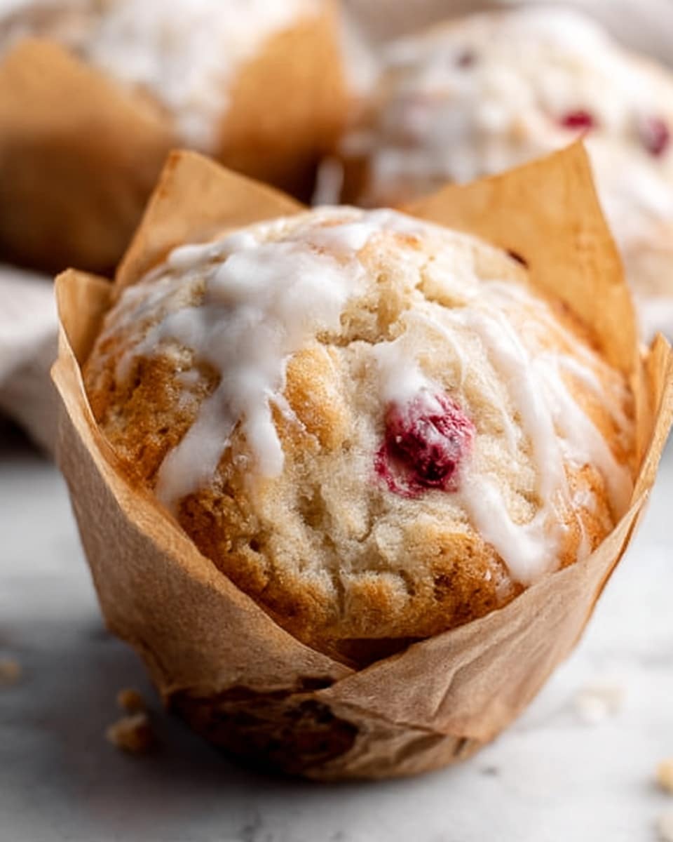A close-up image of a single muffin in a white paper liner resting on crumpled parchment paper over a white marbled surface. The muffin has three clear layers: the base layer is soft and light brown, the middle layer shows chunks of yellow mango pieces embedded in the batter, and the top layer is a golden crumbly texture dusted with light brown cinnamon sugar. The muffin’s crumb looks moist and fluffy, and the light highlights its slightly uneven cracked top surface. In the background, blurred out, are some yellow mangoes and other muffins. Photo taken with an iphone --ar 4:5 --v 7