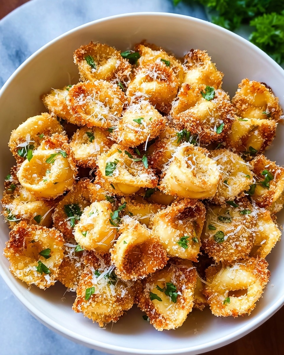 A white bowl filled with many pieces of golden brown fried tortellini, each piece crispy on the outside with a rough breadcrumb coating. The tortellini are sprinkled with finely grated cheese that adds a light, powdery texture on top. Small green parsley leaves are scattered over the tortellini, offering a fresh contrast in color. The bowl sits on a white marbled surface, and the image is bright and close-up, showing the crunchy texture clearly. photo taken with an iphone --ar 4:5 --v 7