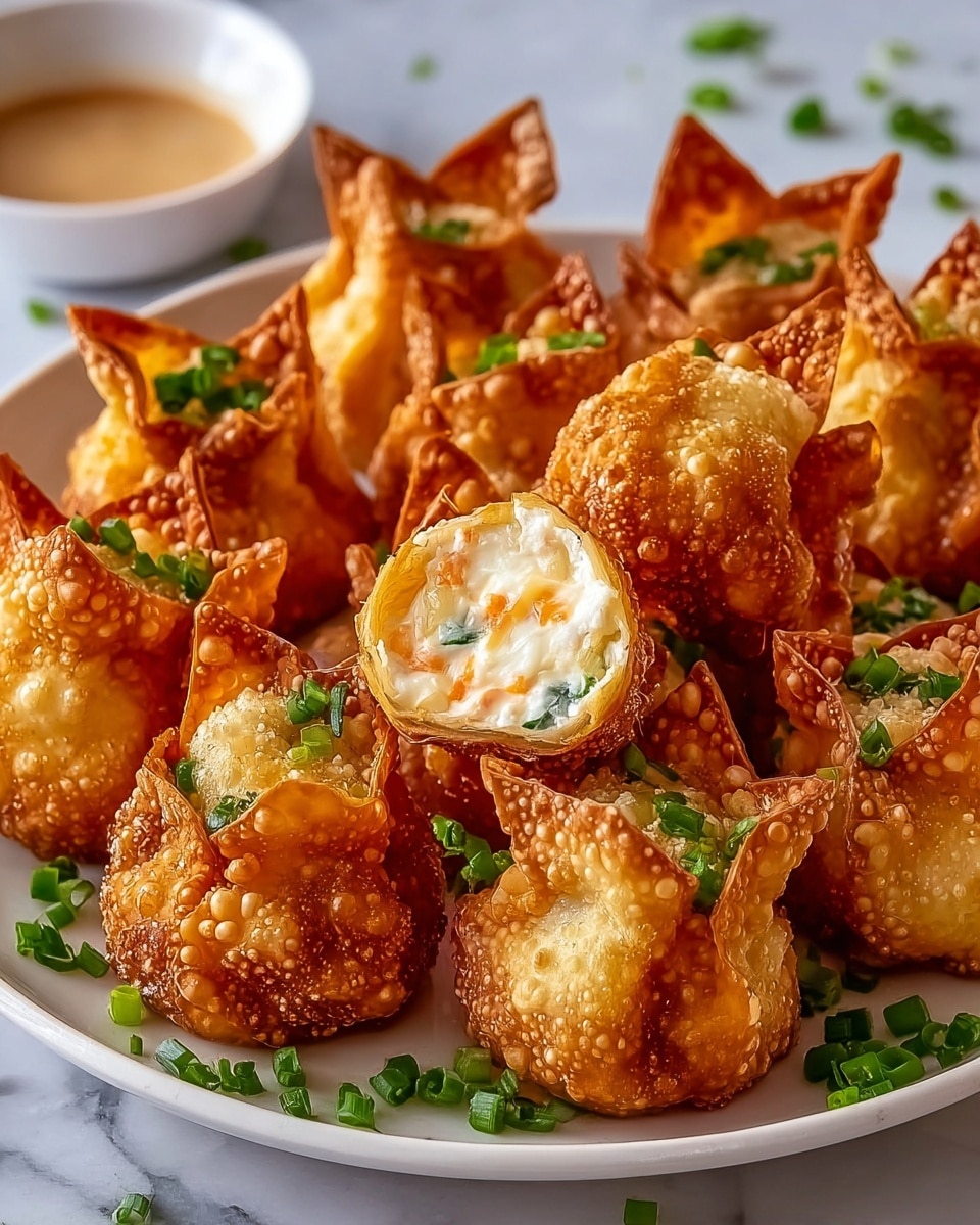 A white plate holds around a dozen crispy golden brown wontons arranged in a pile, each with a textured, bubbly surface and pinched tops forming small peaks. One wonton is cut open, showing a creamy white filling with bits of orange, green, and purple inside, indicating vegetables mixed in. The plate is garnished with chopped green onions scattered around the wontons. At the back of the plate, there is a small white bowl filled with a dark brown dipping sauce. The whole setup sits on a white marbled surface. Photo taken with an iphone --ar 4:5 --v 7