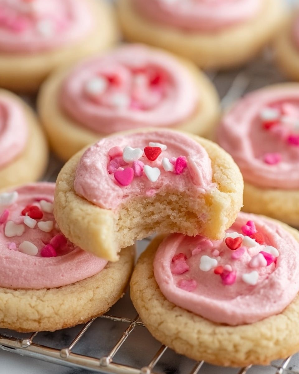 The image shows several small round cookies with soft, pale golden edges and a thick layer of pink frosting in the center. Each cookie has a single scoop of creamy, smooth pink icing that fills a shallow well in the middle, topped with tiny heart-shaped sprinkles in white, pink, and red. One cookie near the center has a bite taken out of it, revealing a soft, slightly crumbly inside pale dough beneath the frosting. The cookies are placed closely together on a silver wire cooling rack with a white marbled surface underneath. photo taken with an iphone --ar 4:5 --v 7