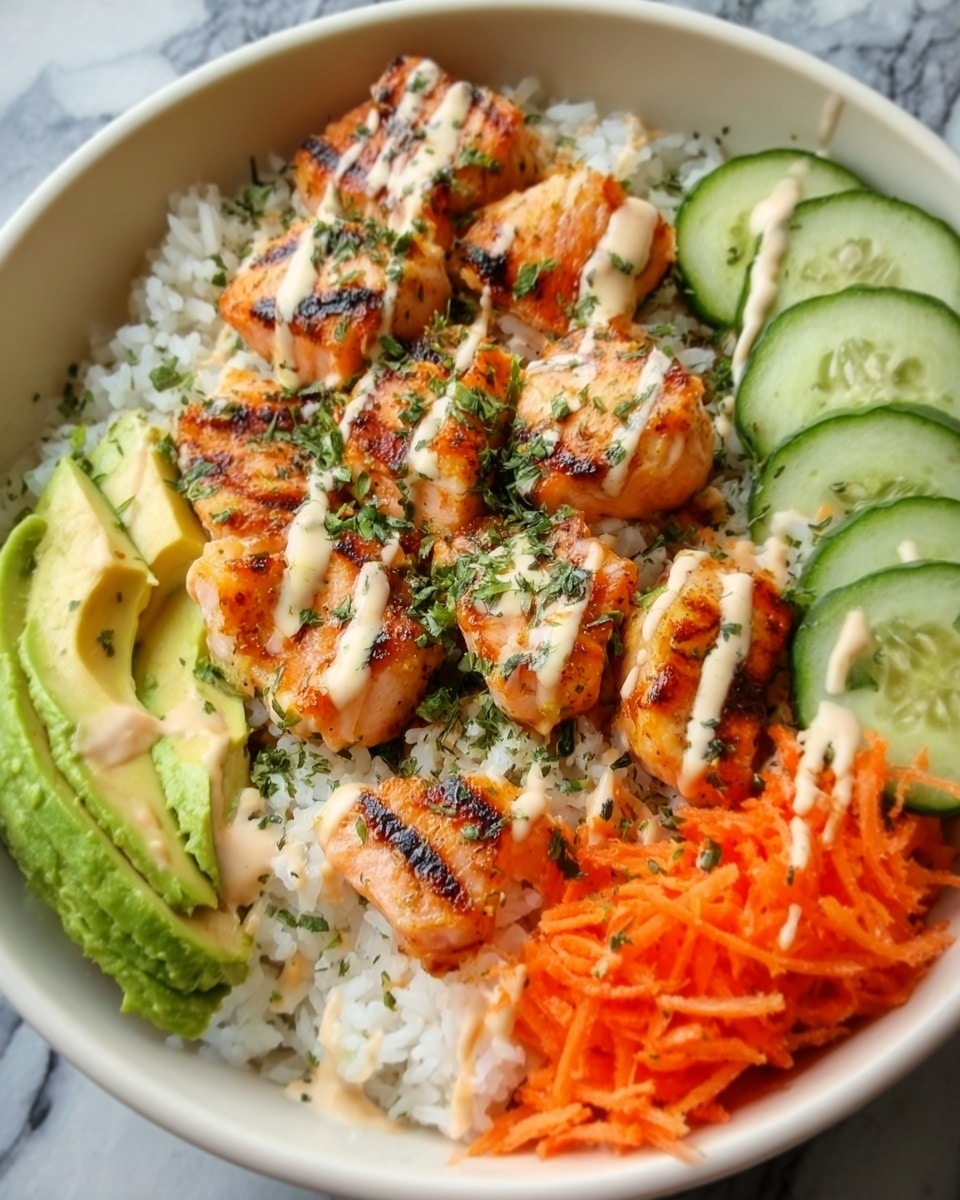 The dish shows a white plate filled with a base layer of white rice topped with four pieces of grilled salmon drizzled with an orange sauce and sprinkled with green herbs. On the left side, there are two slices of avocado with a light green creamy texture. On the top right, there is a small pile of shredded carrots in bright orange, and on the bottom right, there are thin slices of cucumber mixed with green herbs. The textures vary from soft and flaky salmon to crunchy vegetables. Photo taken with an iphone --ar 4:5 --v 7