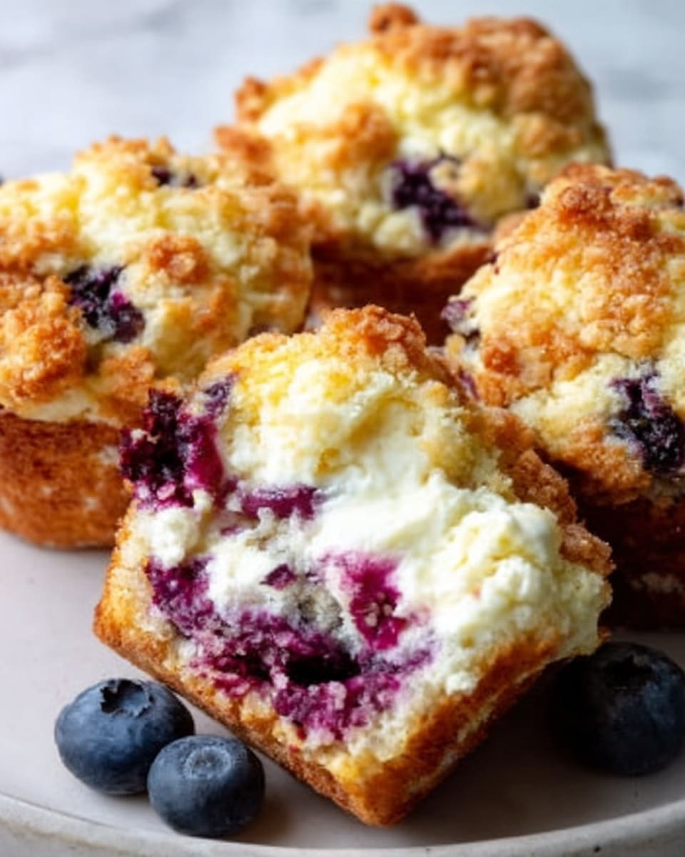 A close-up view of a white plate holding several crumbly muffins with a golden brown top. Each muffin is split open to show a soft, creamy inside mixed with dark purple and blue berries embedded throughout. The texture of the muffin’s outside is rough and crumbly, contrasting with the smooth cream and juicy berries inside. A few fresh blueberries rest beside the muffins on the plate, all set on a white marbled texture. Photo taken with an iphone --ar 4:5 --v 7