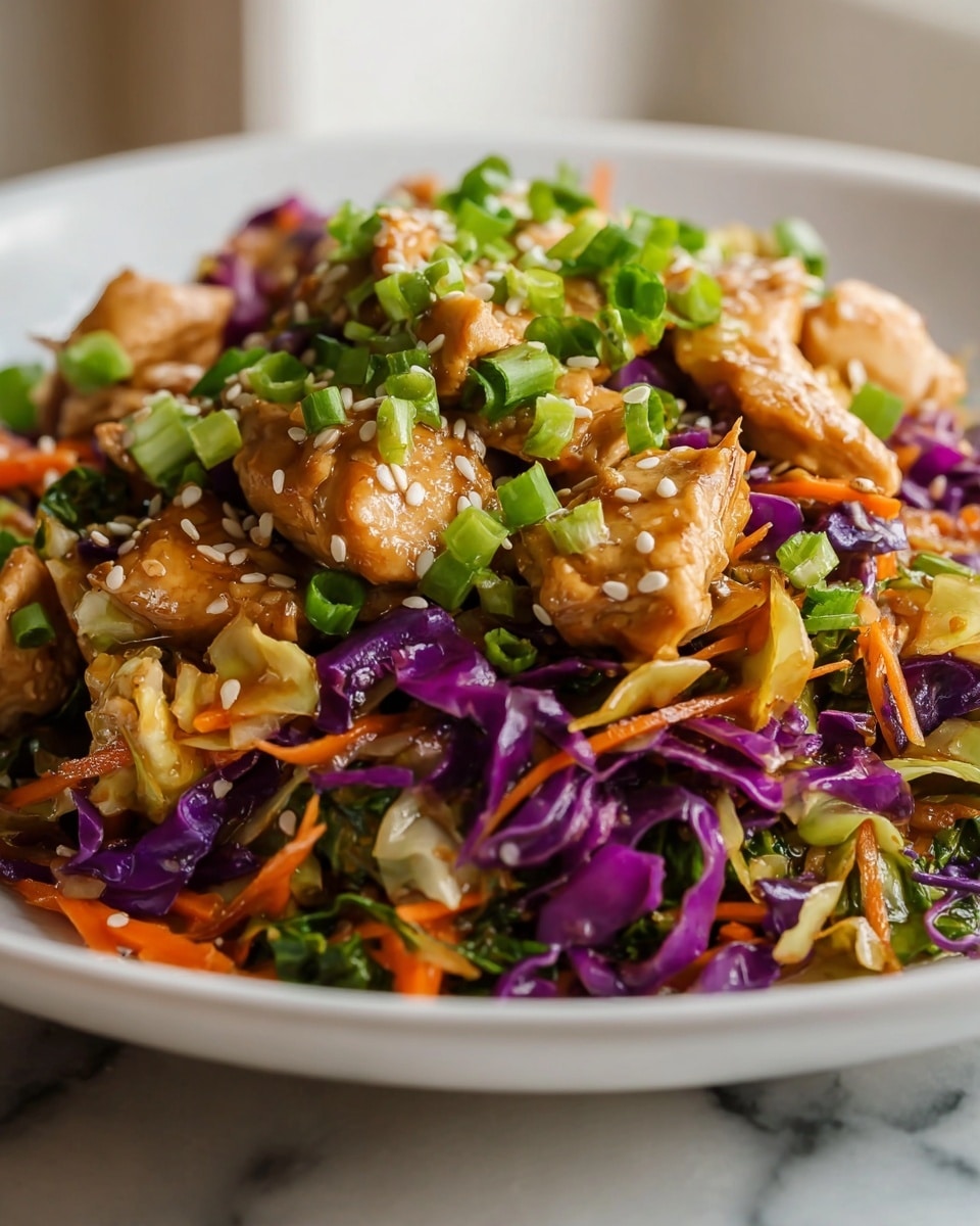 The dish is served on a white plate with a white marbled surface in the background. It has several layers starting with a base layer of purple cabbage pieces mixed with light green cabbage. On top of this is a layer of thin orange carrot strips and light green chopped scallions. Scattered throughout are chunks of cooked chicken with a light brown sauce coating them. The whole dish is garnished with white sesame seeds and fresh green herbs, giving it a colorful and appetizing look. Photo taken with an iphone --ar 4:5 --v 7