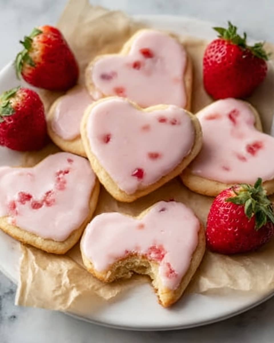 A white plate holds seven heart-shaped cookies, each topped with a layer of light pink icing mixed with small red fruit bits. The cookies are a soft light yellow with slightly rough edges, and the icing looks smooth and glossy, covering the tops completely. Next to the cookies, there are three whole red strawberries with green tops. One cookie is partially eaten, showing the inside texture. The plate is placed on a crumpled light brown paper, all set on a white marbled surface. photo taken with an iphone --ar 4:5 --v 7