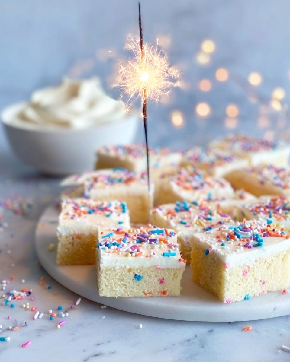 A white plate filled with neatly cut square pieces of a light yellow cake topped with smooth white frosting and colorful sprinkles scattered evenly on top. There is a lit sparkler with a star shape held by a woman's hand close to the center of the cake, shining bright sparks that add a festive look. In the background, a white bowl filled with white frosting sits slightly blurred on a white marbled surface. The overall scene looks cheerful and lively with soft lighting. photo taken with an iphone --ar 4:5 --v 7