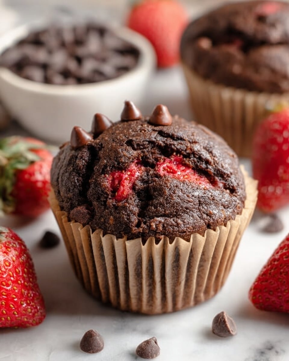 The image shows a close-up of a chocolate cupcake with a cracked top, revealing a bit of red strawberry inside. The cupcake is in a light brown paper liner, with six small chocolate chips arranged on top. Around the cupcake are fresh red strawberries with green leaves, and a white bowl filled with small chocolate chips is partly visible in the background. The surface under everything is a white marbled texture. photo taken with an iphone --ar 4:5 --v 7