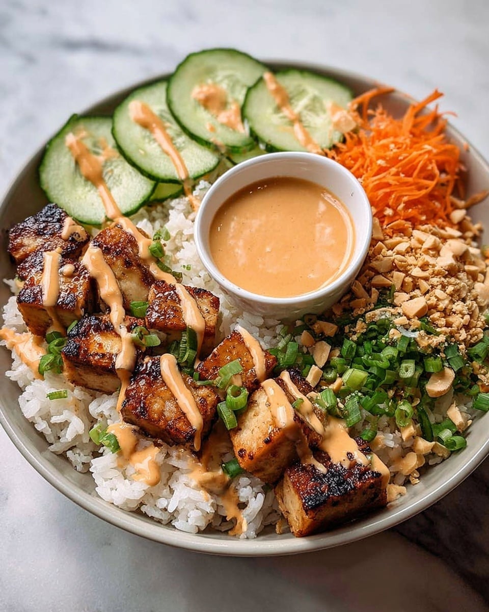A white bowl holds a fresh layered dish starting with a base of white rice at the bottom. On top, there are grilled tofu chunks with charred edges arranged diagonally across the bowl, drizzled with a creamy orange sauce and sprinkled with chopped green onions. To the left, there are thin cucumber slices fanned out with more of the orange sauce drizzled over them. Behind the tofu, there are bright orange shredded carrots. A small white bowl filled with thick peanut sauce sits near the carrots. The dish is garnished with crushed peanuts and additional green onions on the rice and tofu. The bowl rests on a white marbled surface. photo taken with an iphone --ar 4:5 --v 7