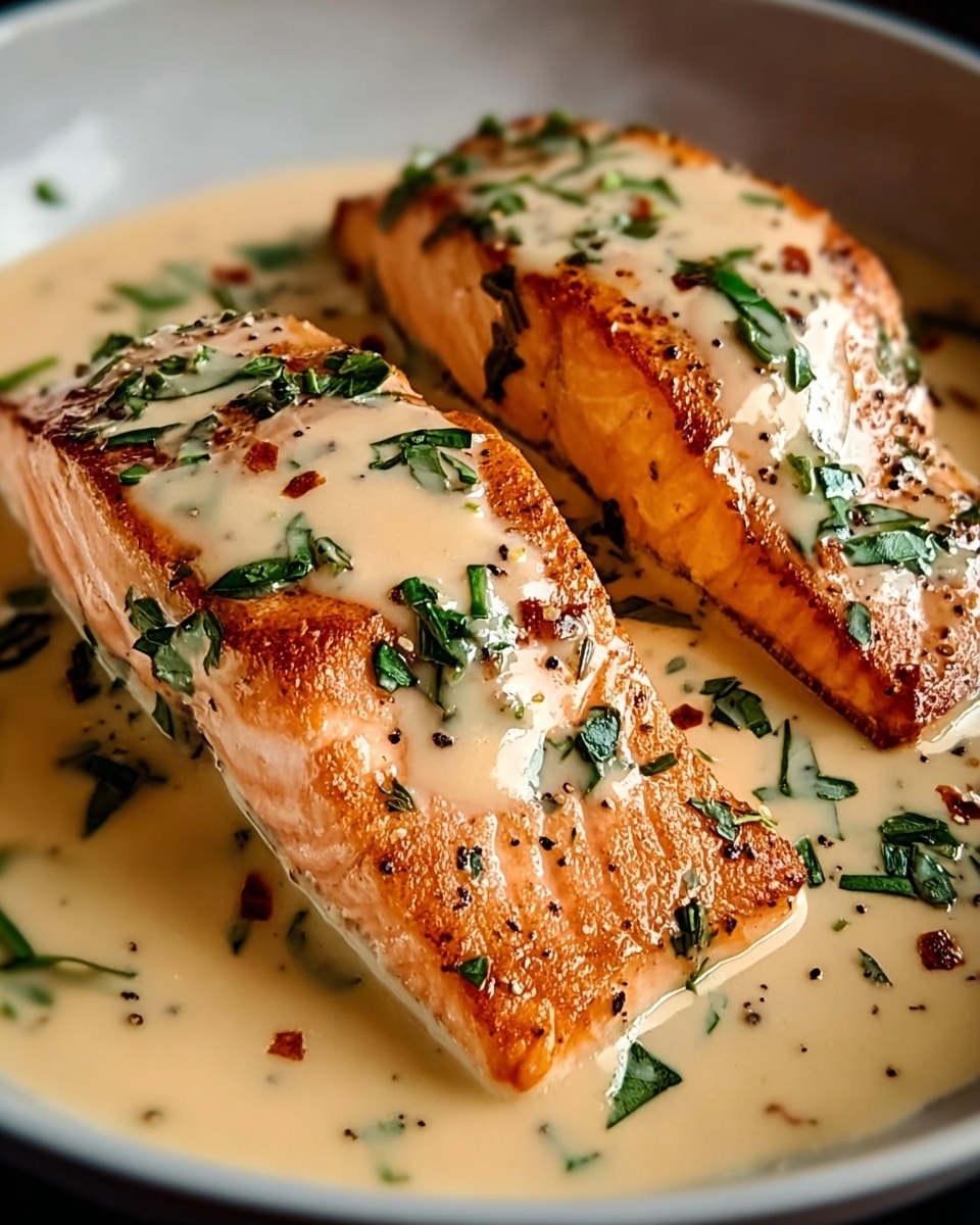 Two thick pieces of grilled salmon with a crispy light brown outer layer lie side by side in a shallow pool of creamy, light beige sauce speckled with black pepper. The sauce covers the top parts of the fish and spreads around the base, with small bits of dark green chopped herbs scattered generously on top and around. The salmon fillets showing subtle orange-pink flakes create a nice contrast against the smooth sauce. The dish is served in a white bowl with a gentle curve. Photo taken with an iphone --ar 4:5 --v 7