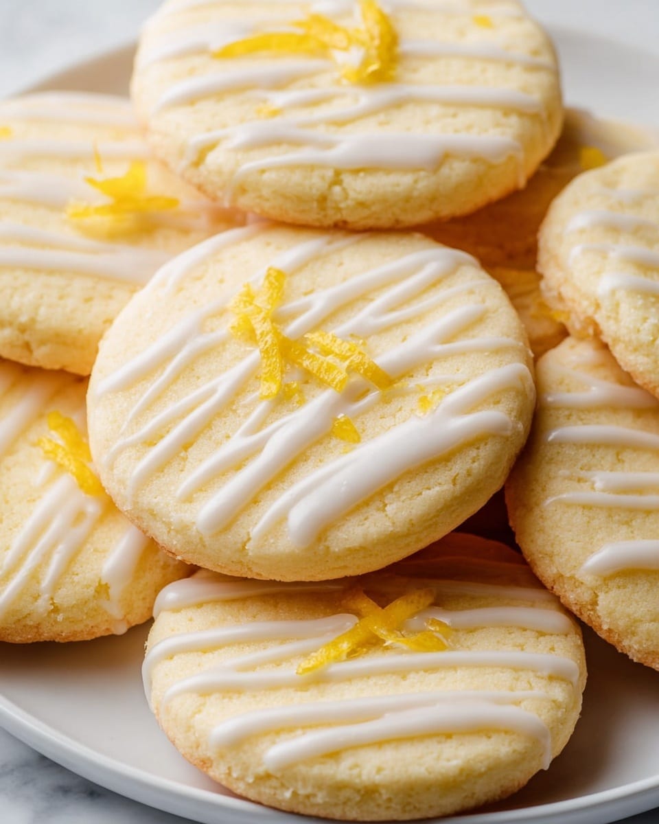 A close-up view of round lemon cookies stacked on a white plate, each cookie showing a pale yellow color with a smooth texture. On top of each cookie is a light drizzle of white icing applied in uneven, thin stripes, and scattered small bits of bright yellow lemon zest that add contrast and texture. The cookies have a slightly crumbly edge and soft-looking centers, all positioned closely together. The background features a white marbled texture. photo taken with an iphone --ar 4:5 --v 7