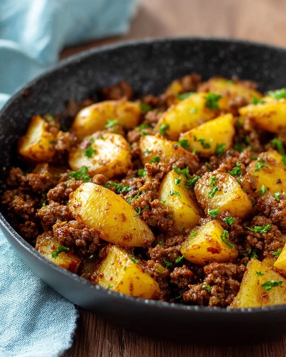 A close-up image of a black stone bowl filled with cooked ground beef and golden yellow potato chunks mixed together. The ground beef is crumbly and brown with a slightly dry texture, while the potatoes look soft and roasted with a light browning on the edges. Small green herb pieces, likely parsley, are sprinkled evenly on top of the meat and potatoes, adding a fresh pop of color. The bowl is placed on a white marbled surface, and in the blurred background, there is a small white bowl with green herbs. photo taken with an iphone --ar 4:5 --v 7