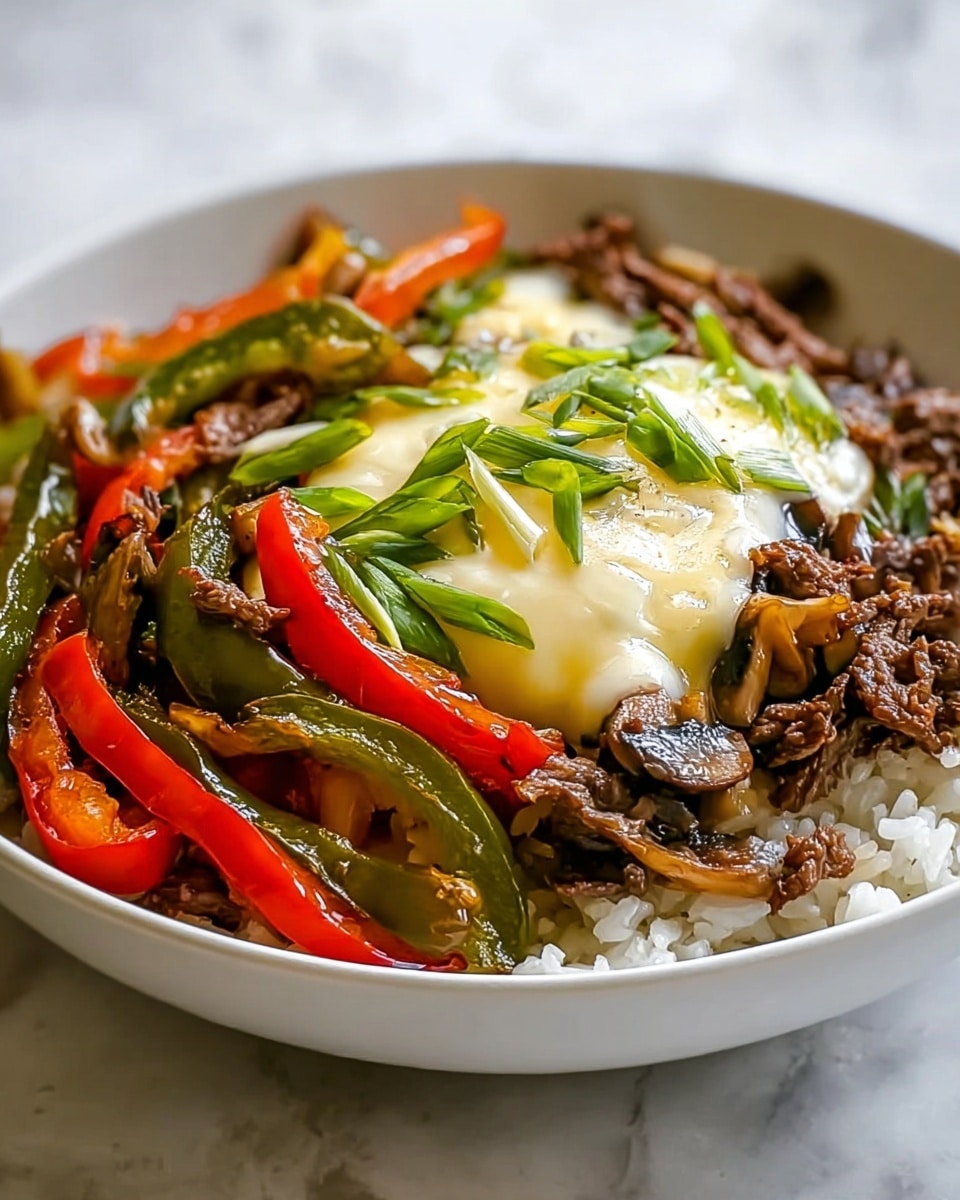 A white bowl filled with a base layer of cooked white rice, topped with cooked beef pieces mixed with sliced mushrooms on the right side, and sautéed green and red bell peppers on the left side. Over the beef and peppers, there is a thick layer of melted white cheese with a smooth, creamy texture, garnished with small chopped green onions scattered on top. The bowl is placed on a white marbled surface. photo taken with an iphone --ar 4:5 --v 7