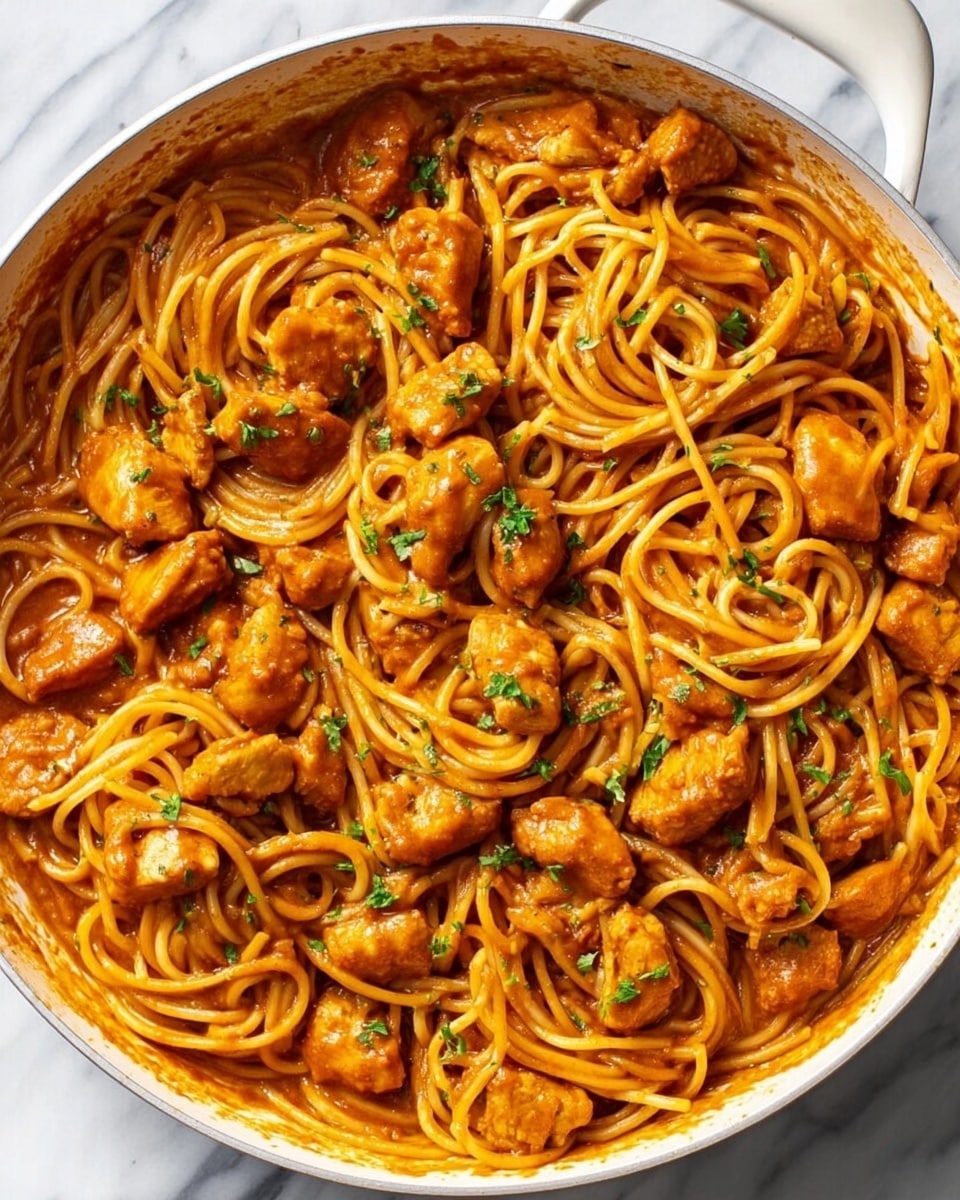 A close-up top view of a white pan filled with a single layer of spaghetti noodles mixed with thick chunks of golden brown chicken, all coated in a rich, glossy reddish-brown sauce with slight hints of herbs sprinkled on top, resting on a white marbled surface. photo taken with an iphone --ar 4:5 --v 7