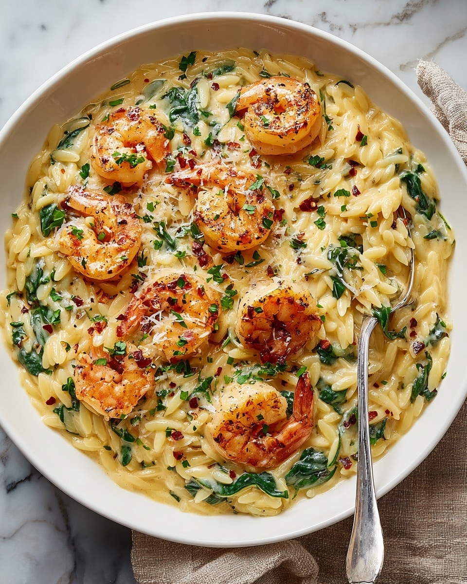 A white shallow bowl is filled with creamy orzo pasta mixed with green spinach leaves scattered throughout; there are about eight medium-sized orange-pink shrimp placed on top, slightly seared with a light browned texture and sprinkled with finely chopped fresh green herbs. The creamy sauce is thick and pale yellow, coating the orzo evenly, with some grated cheese and a light touch of red chili flakes scattered over the shrimp and pasta. A silver fork rests on the right side of the bowl, partially biting into one shrimp. The bowl sits on a white marbled surface with a beige cloth nearby. photo taken with an iphone --ar 4:5 --v 7