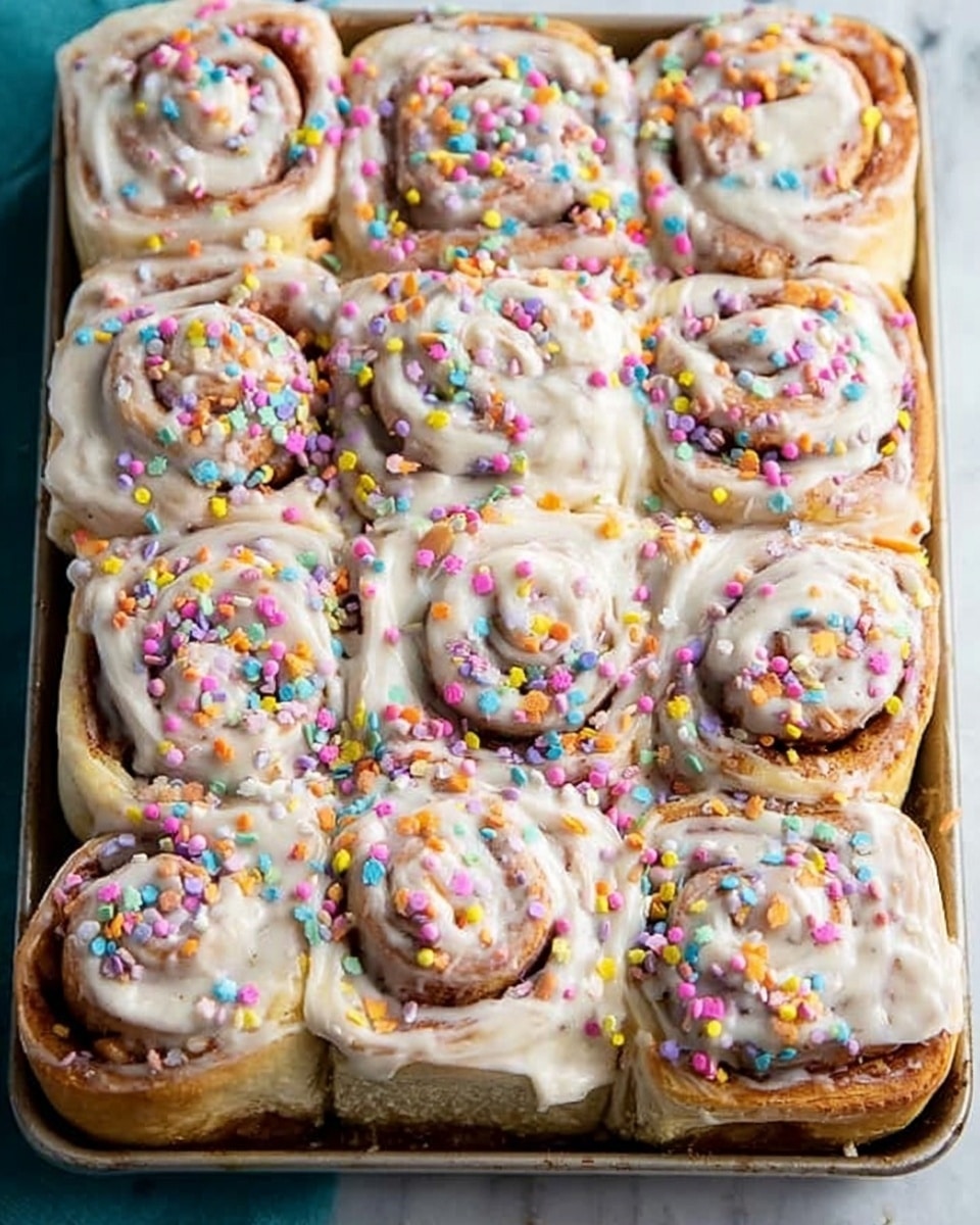The image shows a tray filled with twelve square cinnamon rolls, each topped with a thick layer of creamy white frosting that swirls smoothly across the surface. The frosting is decorated with small, round, colorful sprinkles in pastel shades of pink, yellow, blue, green, and orange, evenly scattered over every roll. The cinnamon rolls are golden brown and have a soft, fluffy texture, visible around the edges and through the frosting. The tray sits on a white marbled surface, highlighting the warm colors of the rolls and the bright, cheerful sprinkles. Photo taken with an iphone --ar 4:5 --v 7